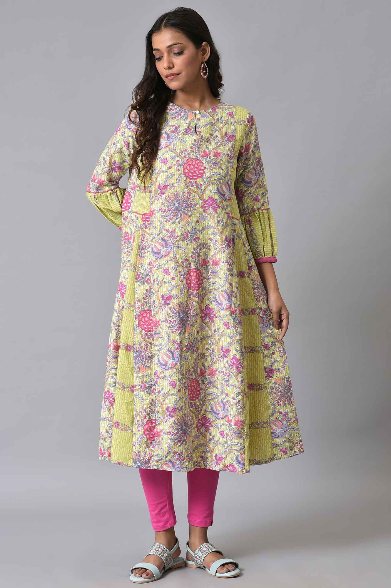 W for Woman Green Printed Godget Summer Dress With Pink Tights