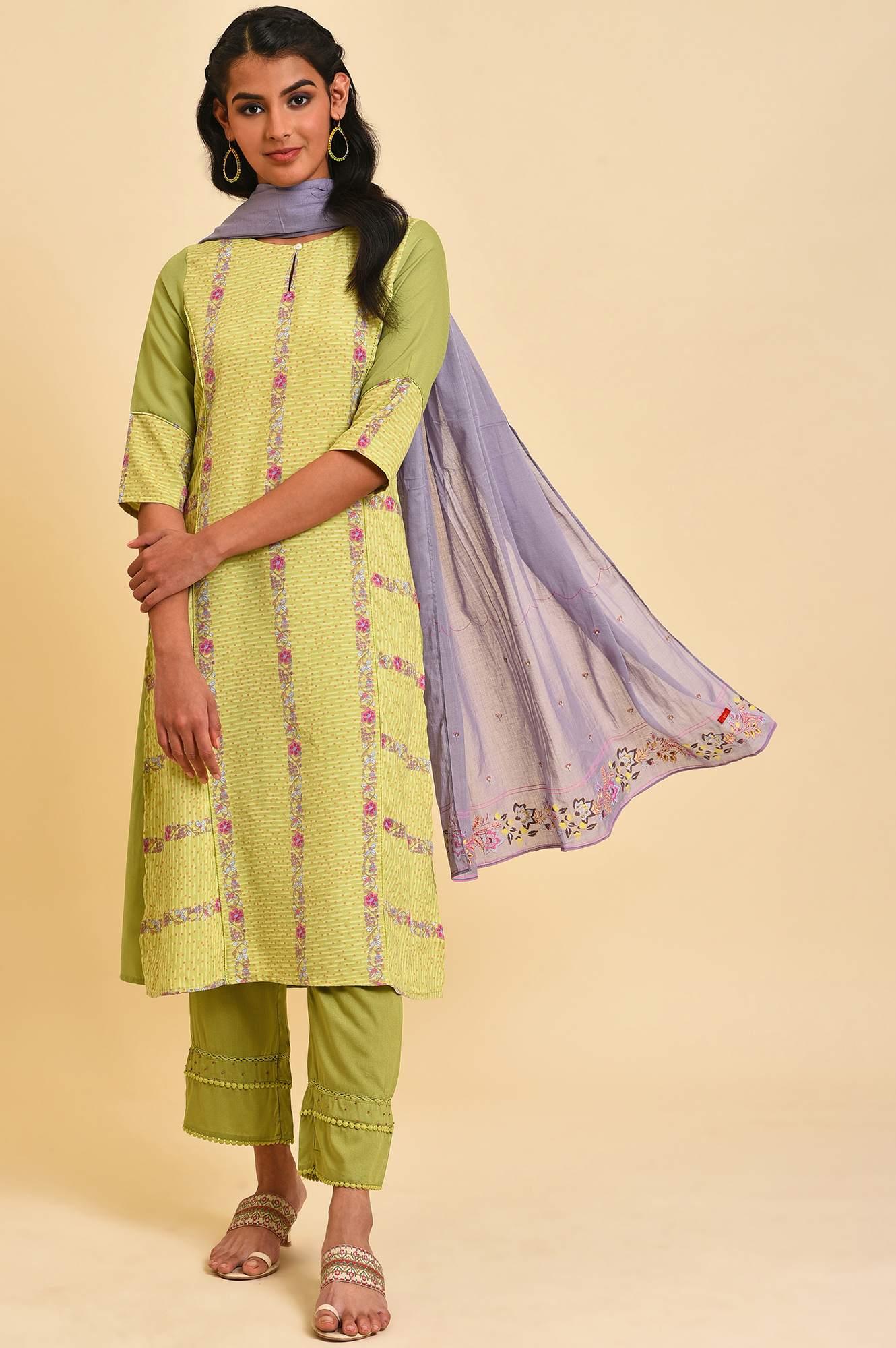 W for Woman Green Floral Printed kurta Set