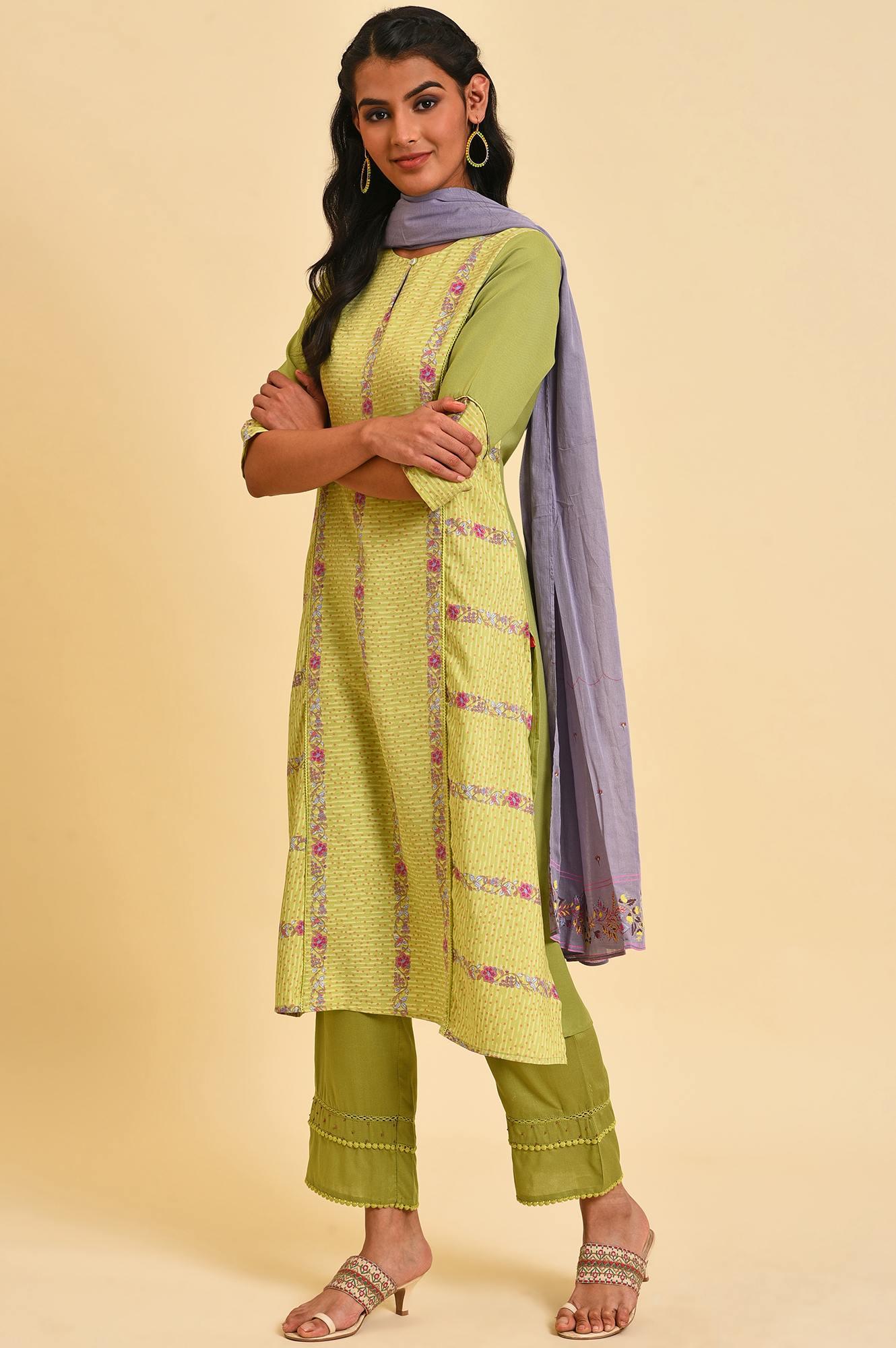 W for Woman Green Floral Printed kurta Set