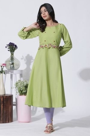 W for Woman Green Embroidered A-Line Cotton Kurta And Tights Set