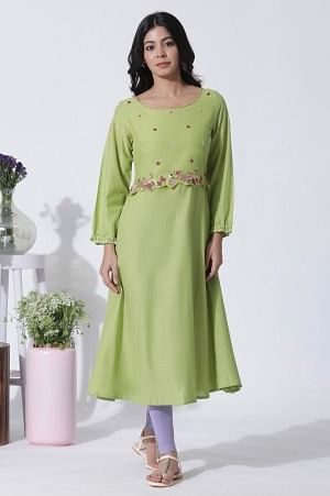 W for Woman Green Embroidered A-Line Cotton Kurta And Tights Set