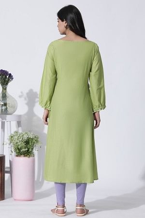 W for Woman Green Embroidered A-Line Cotton Kurta And Tights Set