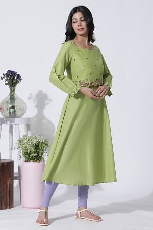 W for Woman Green Embroidered A-Line Cotton Kurta And Tights Set