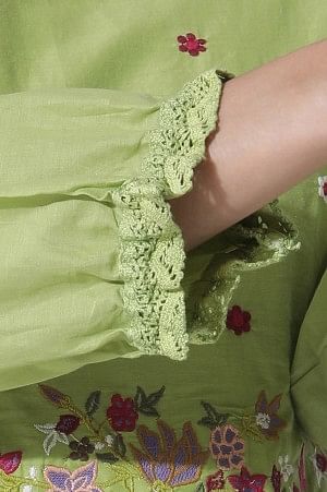 W for Woman Green Embroidered A-Line Cotton Kurta And Tights Set