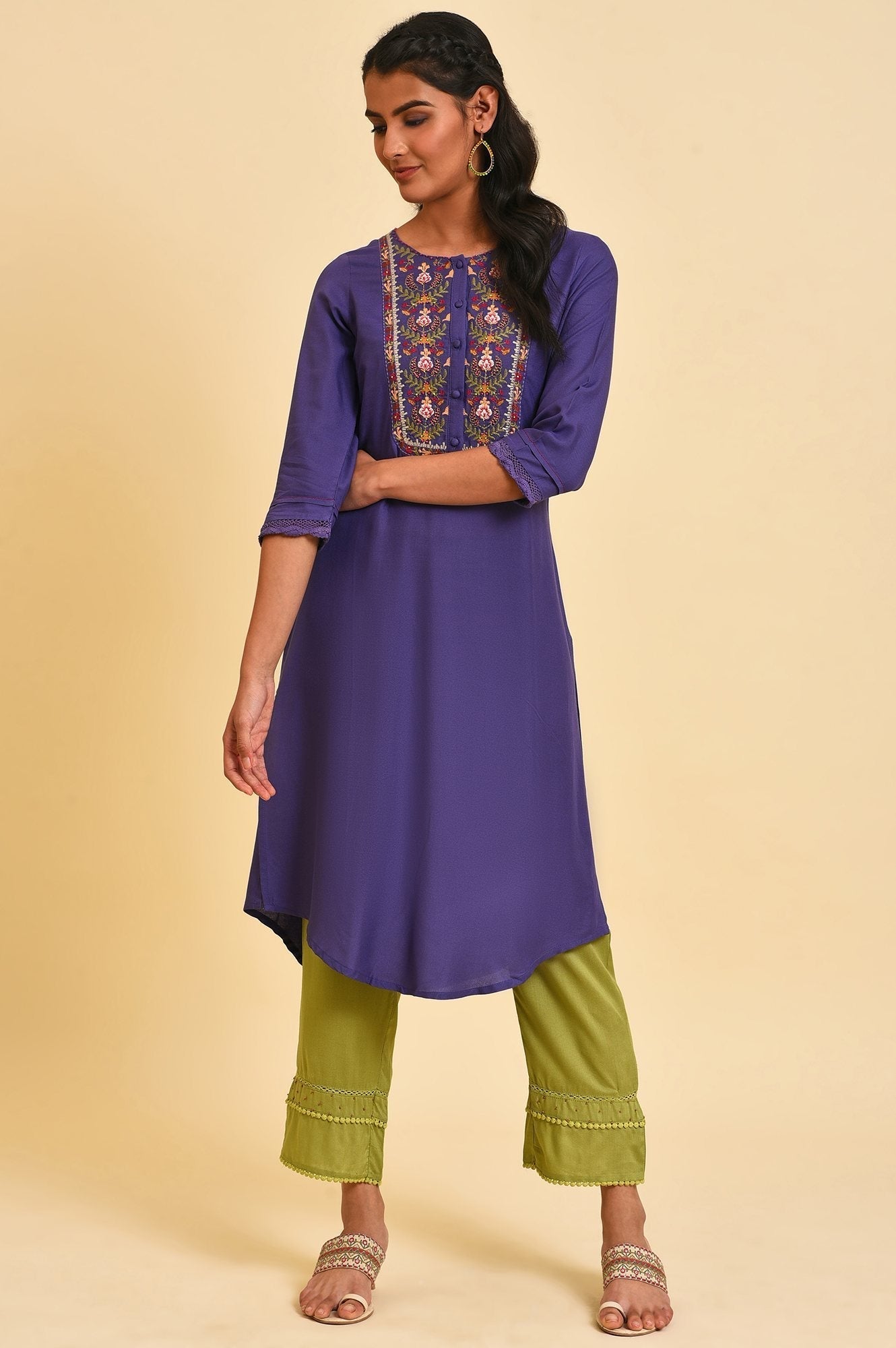 W for Woman Purple Embroidered Straight kurta