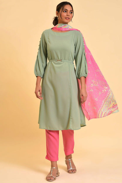 W for Woman Green A-Line kurta, Slim Pants & Dupatta Set