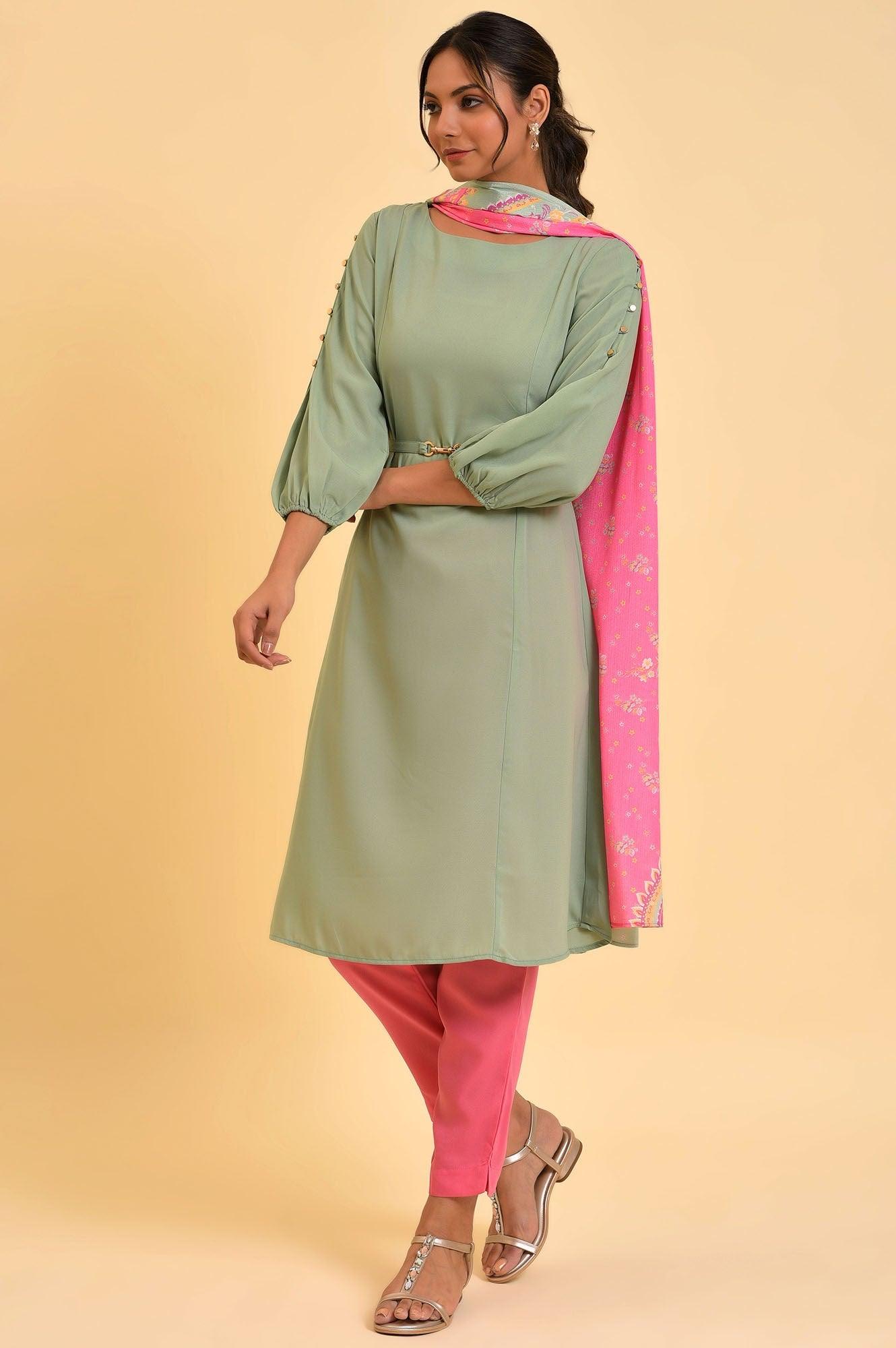 W for Woman Green A-Line kurta, Slim Pants & Dupatta Set