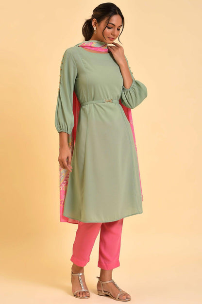 W for Woman Green A-Line kurta, Slim Pants & Dupatta Set