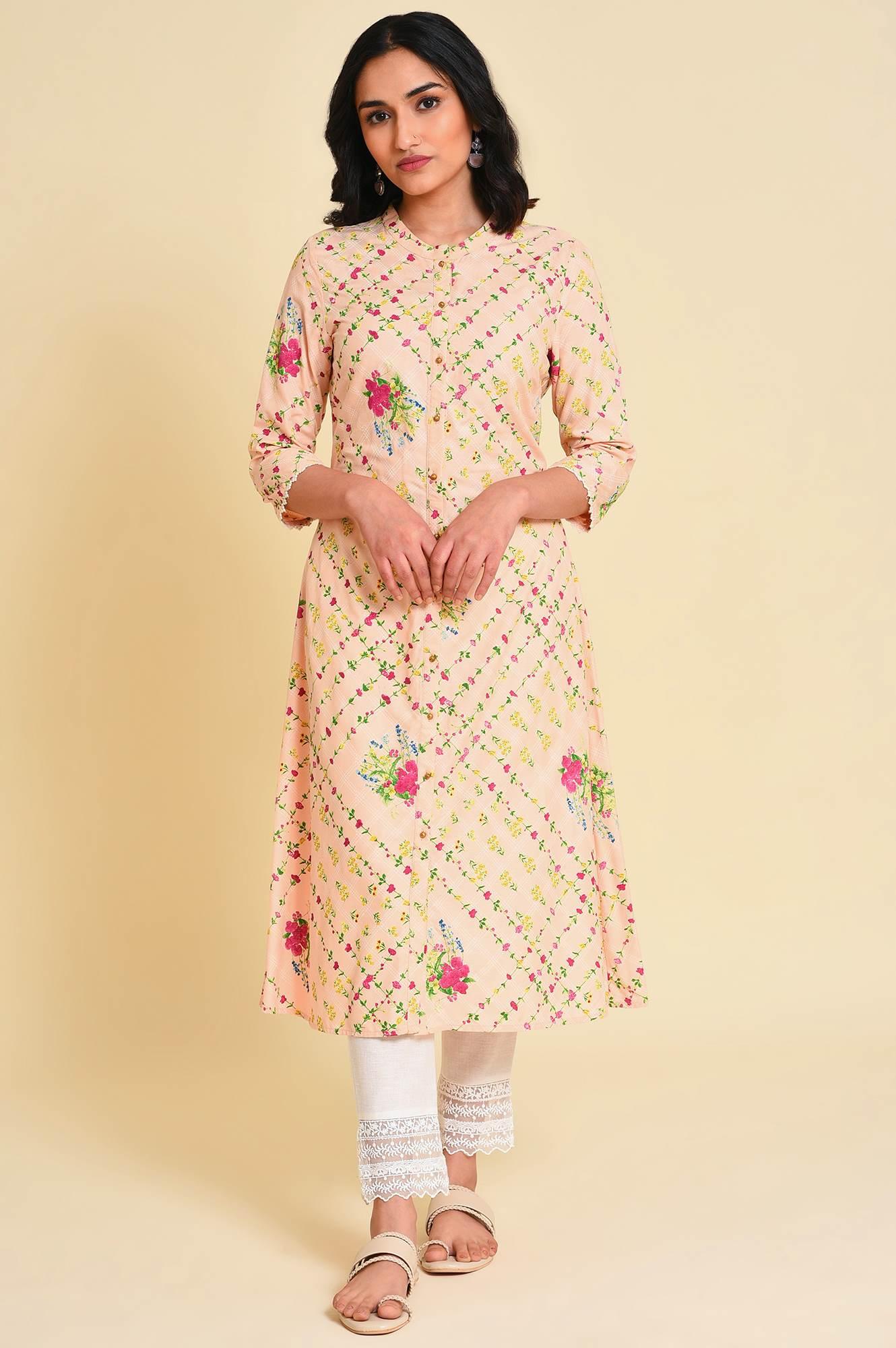 W for Woman Light Orange Floral Print kurta Set