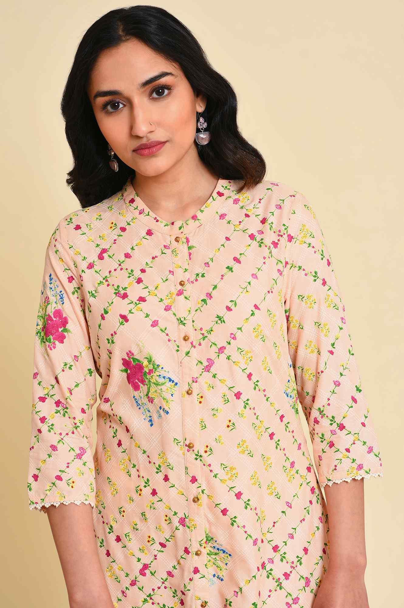 W for Woman Light Orange Floral Print kurta Set