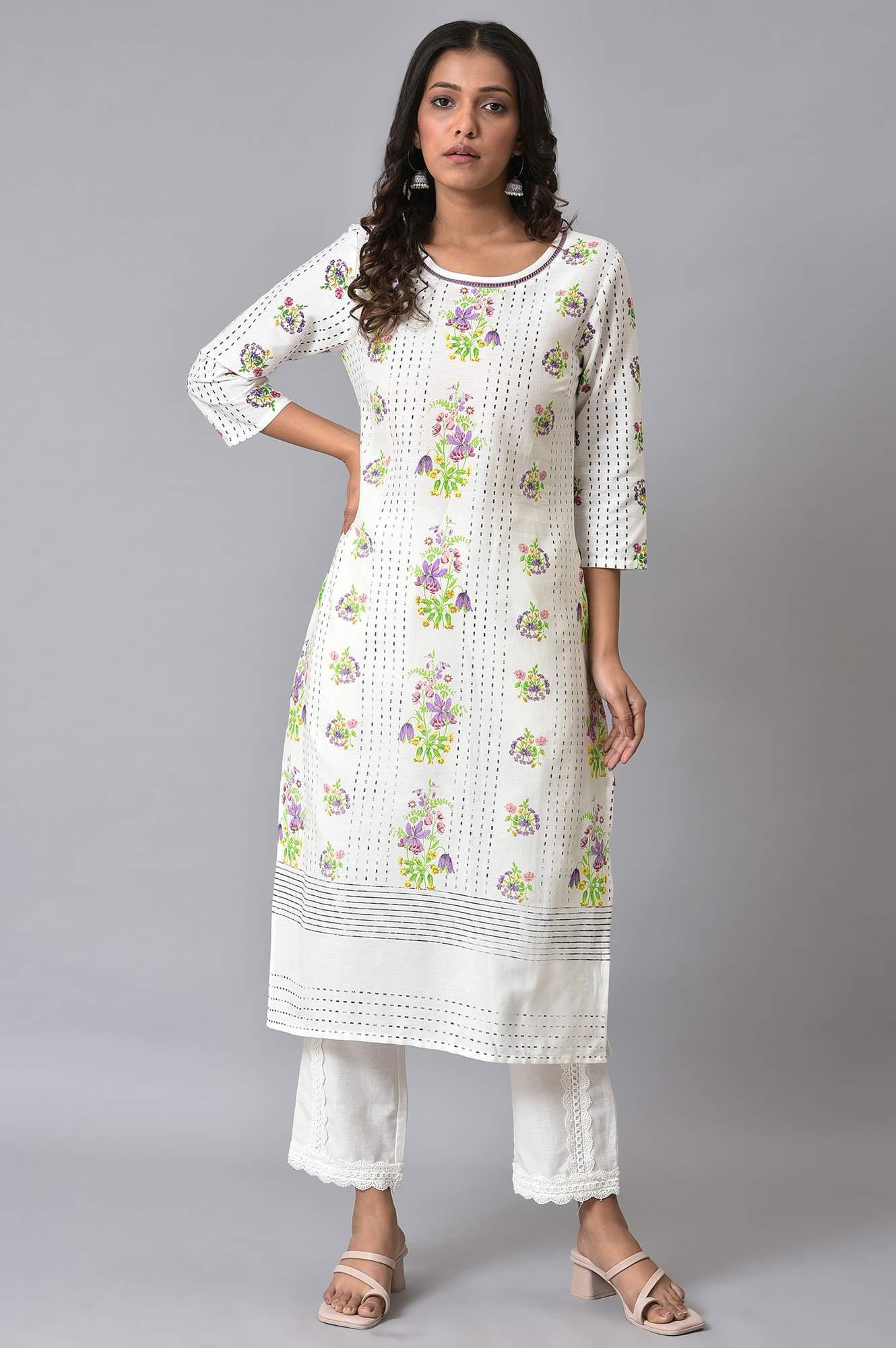 W for Woman Ecru Floral Printed Straight kurta Set