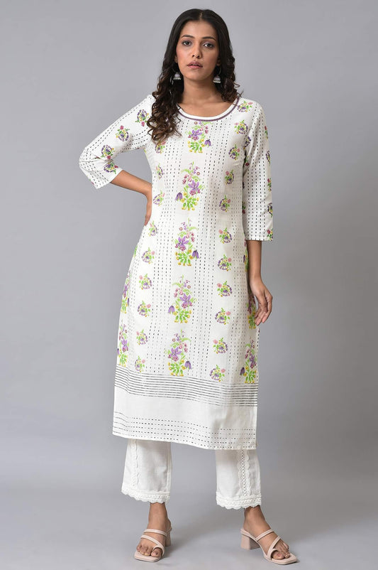 W for Woman Ecru Floral Printed Straight kurta Set