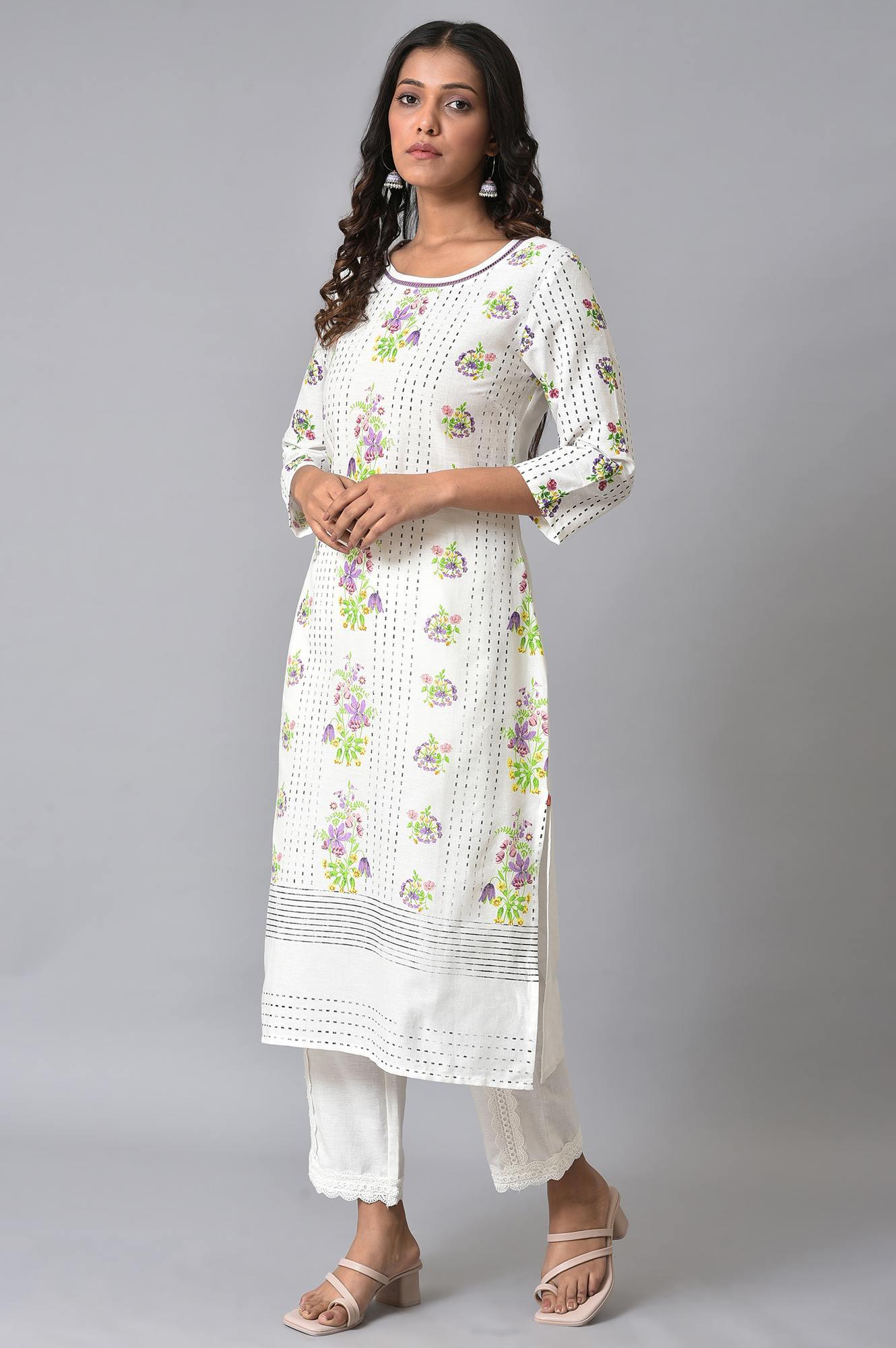 W for Woman Ecru Floral Printed Straight kurta Set