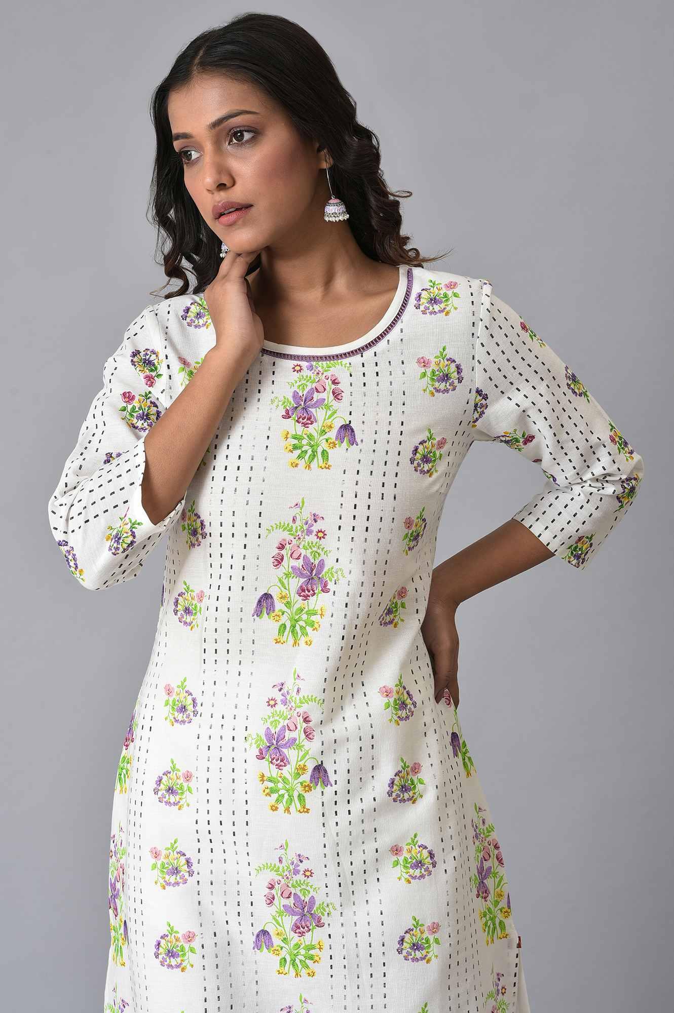 W for Woman Ecru Floral Printed Straight kurta Set