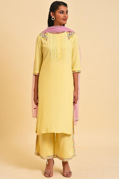 W for Woman Light Yellow Embroidered Plus Size kurta Set