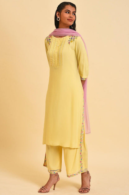W for Woman Light Yellow Embroidered kurta Set