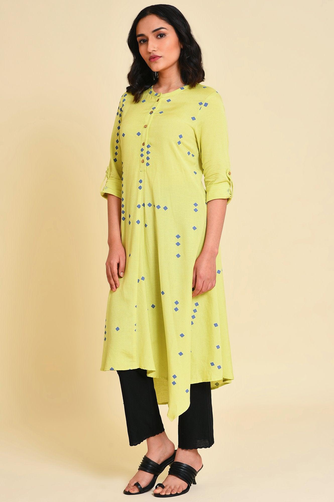 W for Woman Green Asymmetrical kurta Set