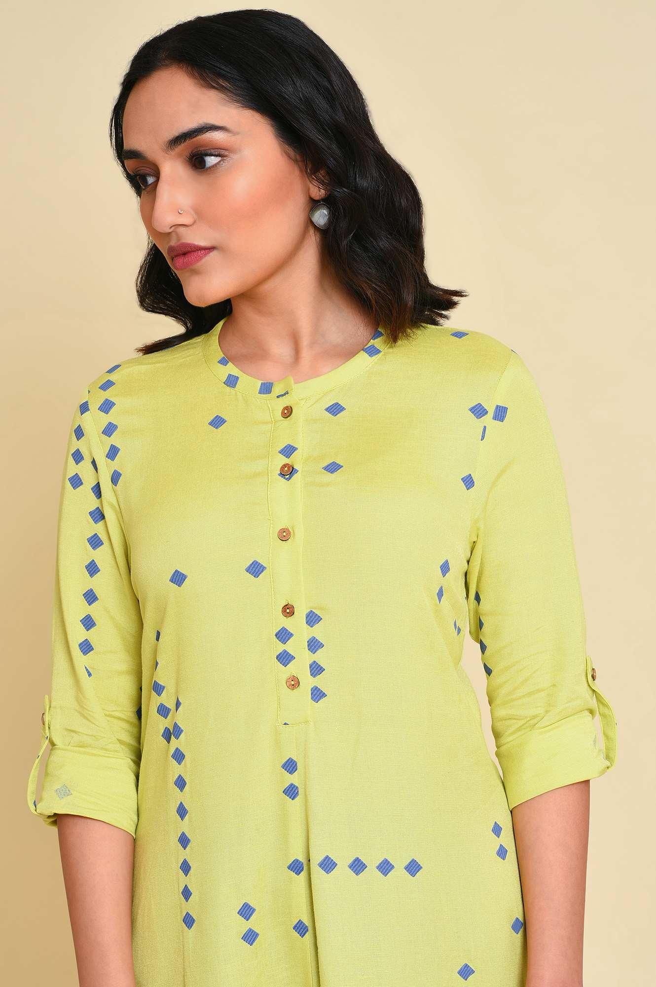 W for Woman Green Asymmetrical kurta Set
