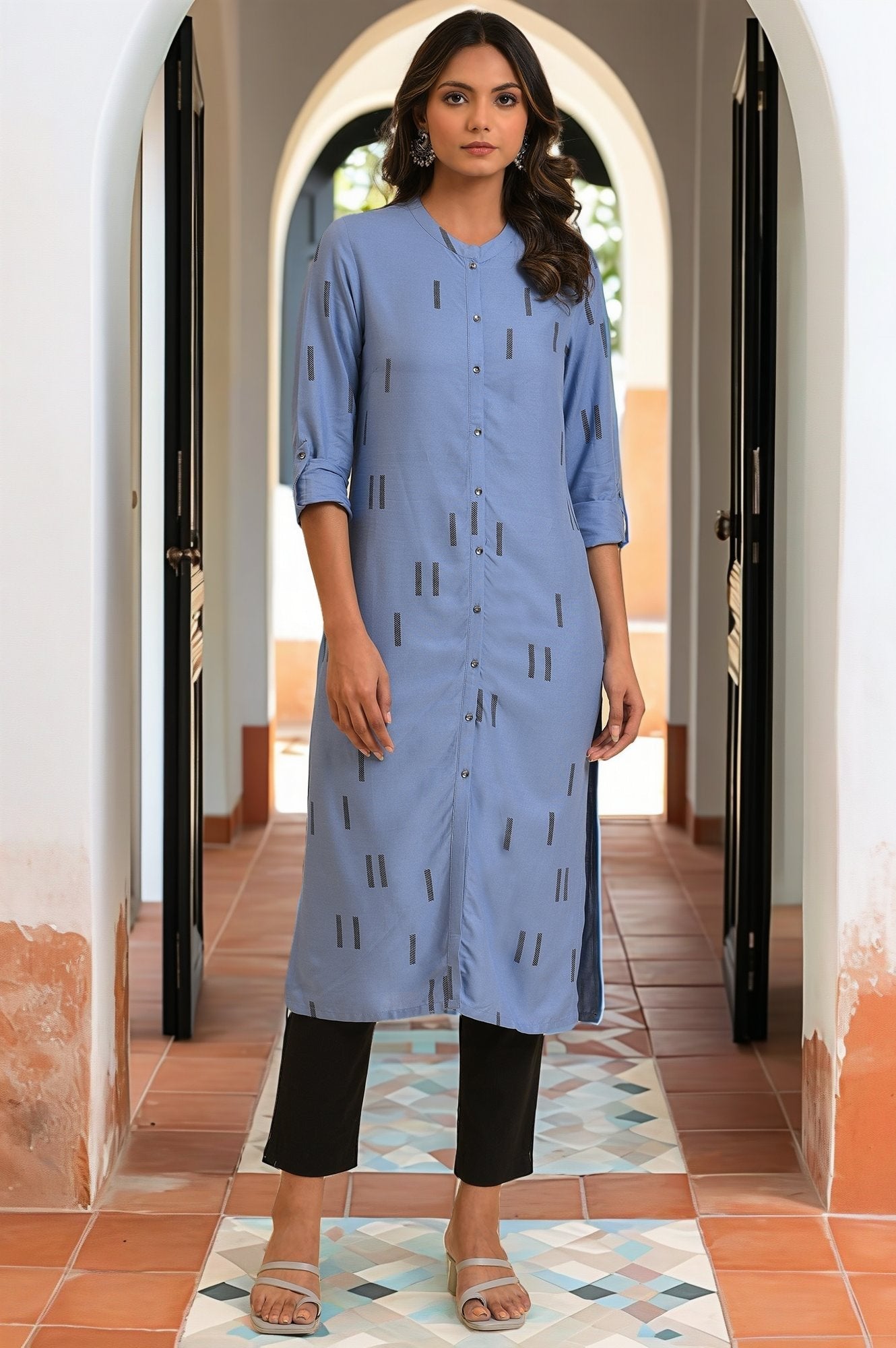 W for Woman Blue Geometric Print Shirt kurta & Pants Set