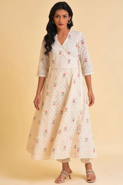 W for Woman Ecru Glitter Printed Angrakha kurta & Pants Set