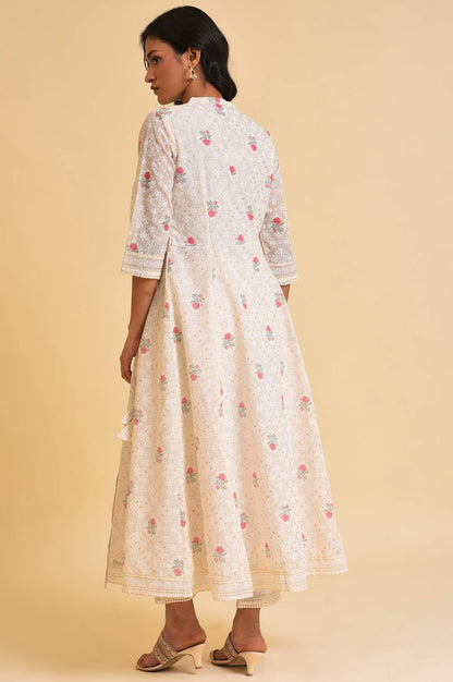 W for Woman Ecru Glitter Printed Angrakha kurta & Pants Set