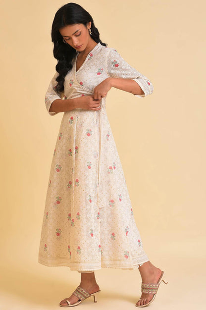 W for Woman Ecru Glitter Printed Angrakha kurta & Pants Set