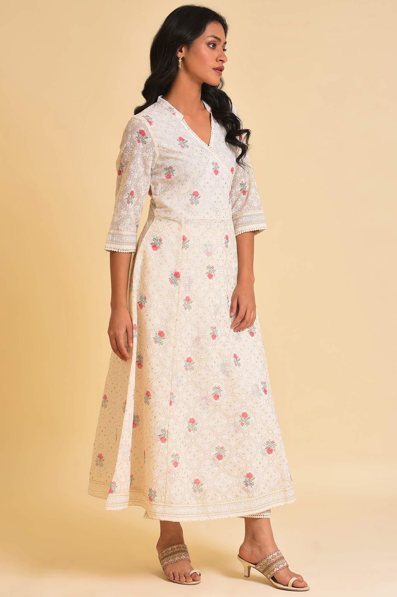 W for Woman Ecru Glitter Printed Angrakha kurta & Pants Set