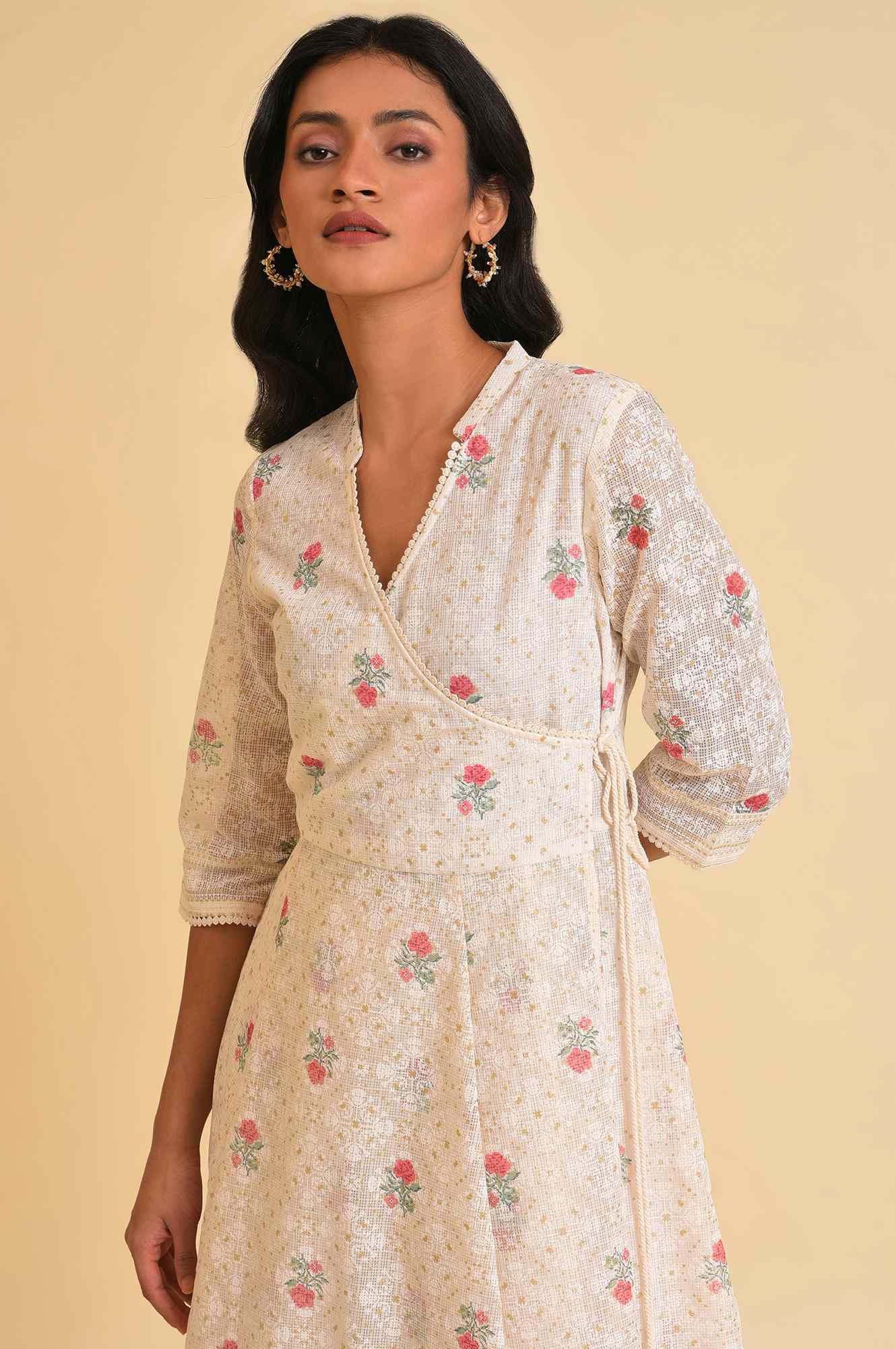 W for Woman Ecru Glitter Printed Angrakha kurta & Pants Set