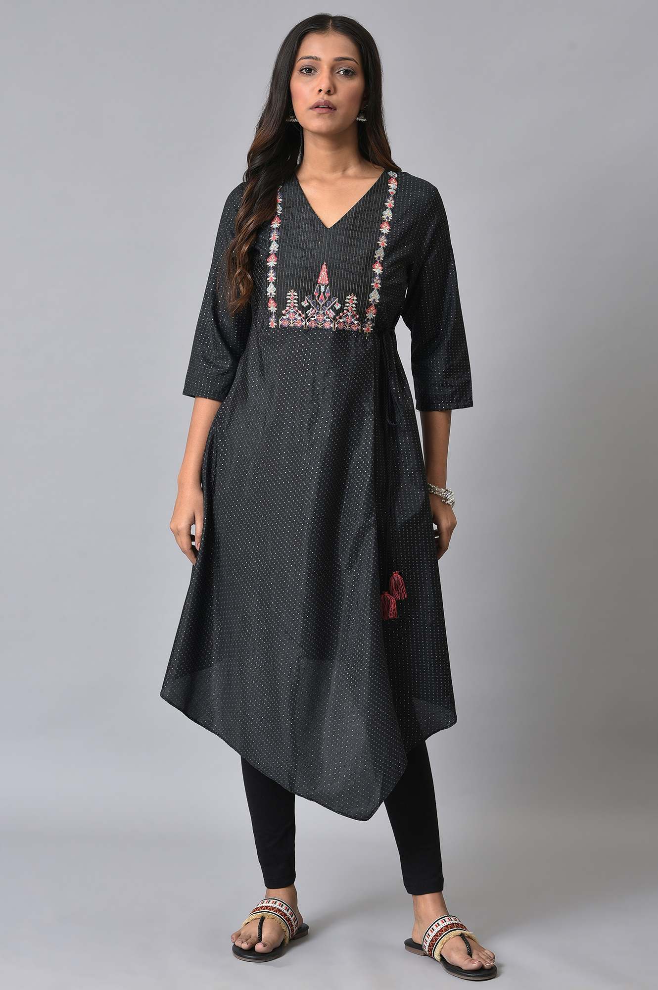 W for Woman Black Embroidered Asymmetrical Kurta Set