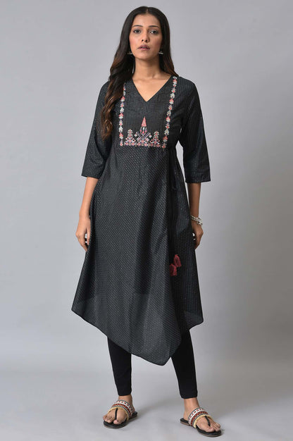 W for Woman Black Embroidered Asymmetrical Kurta Set