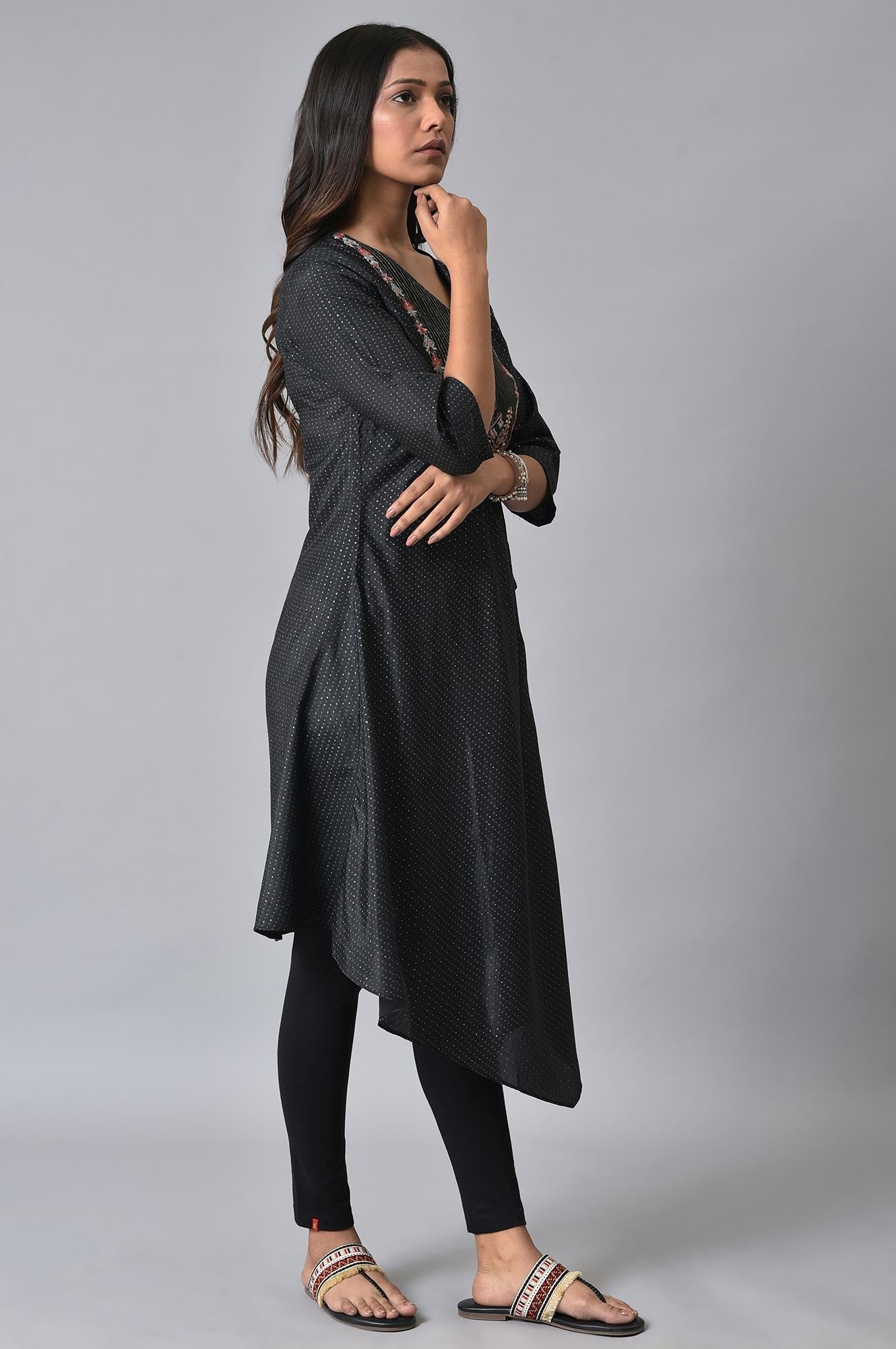 W for Woman Black Embroidered Asymmetrical Kurta Set