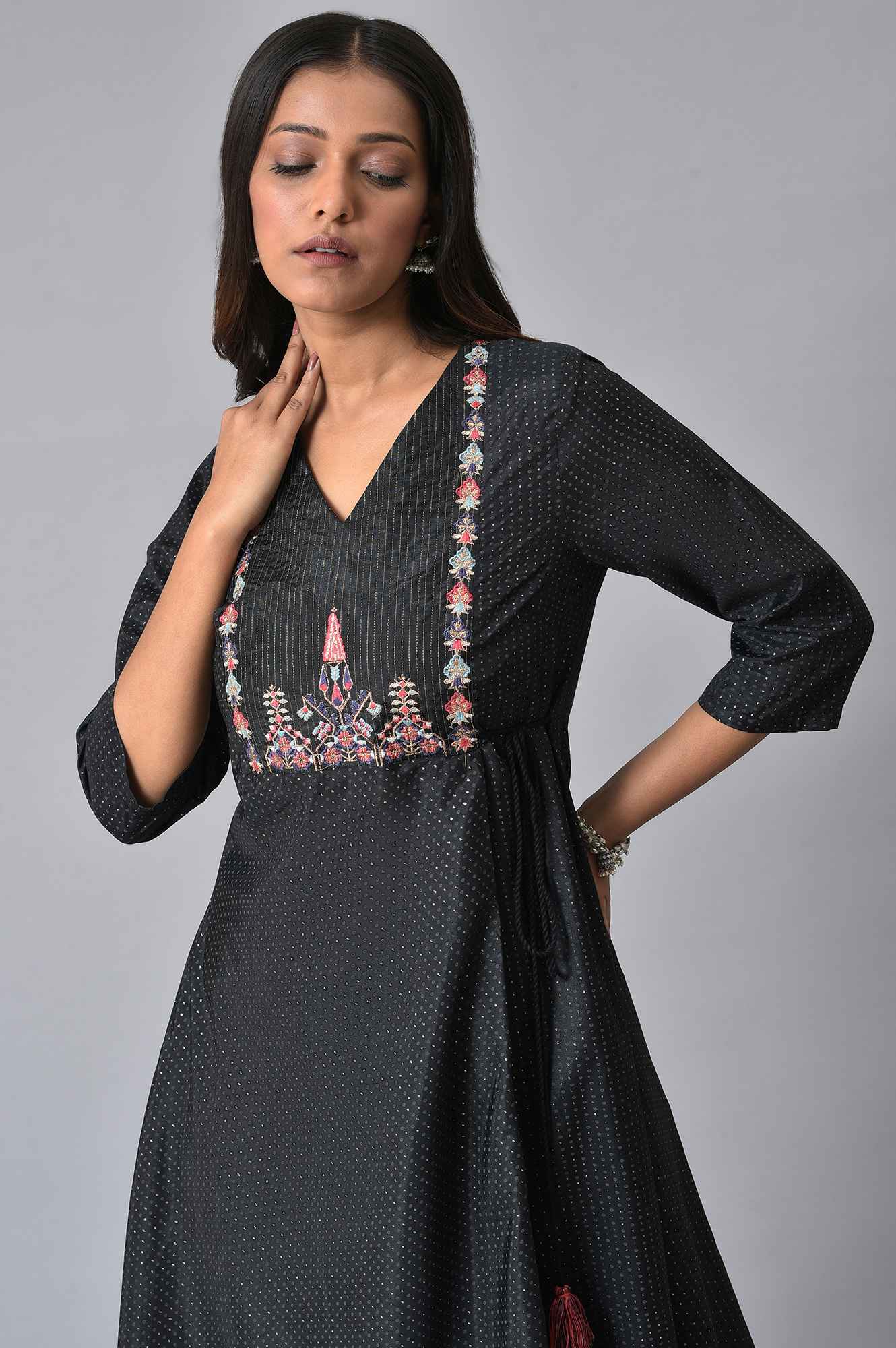 W for Woman Black Embroidered Asymmetrical Kurta Set