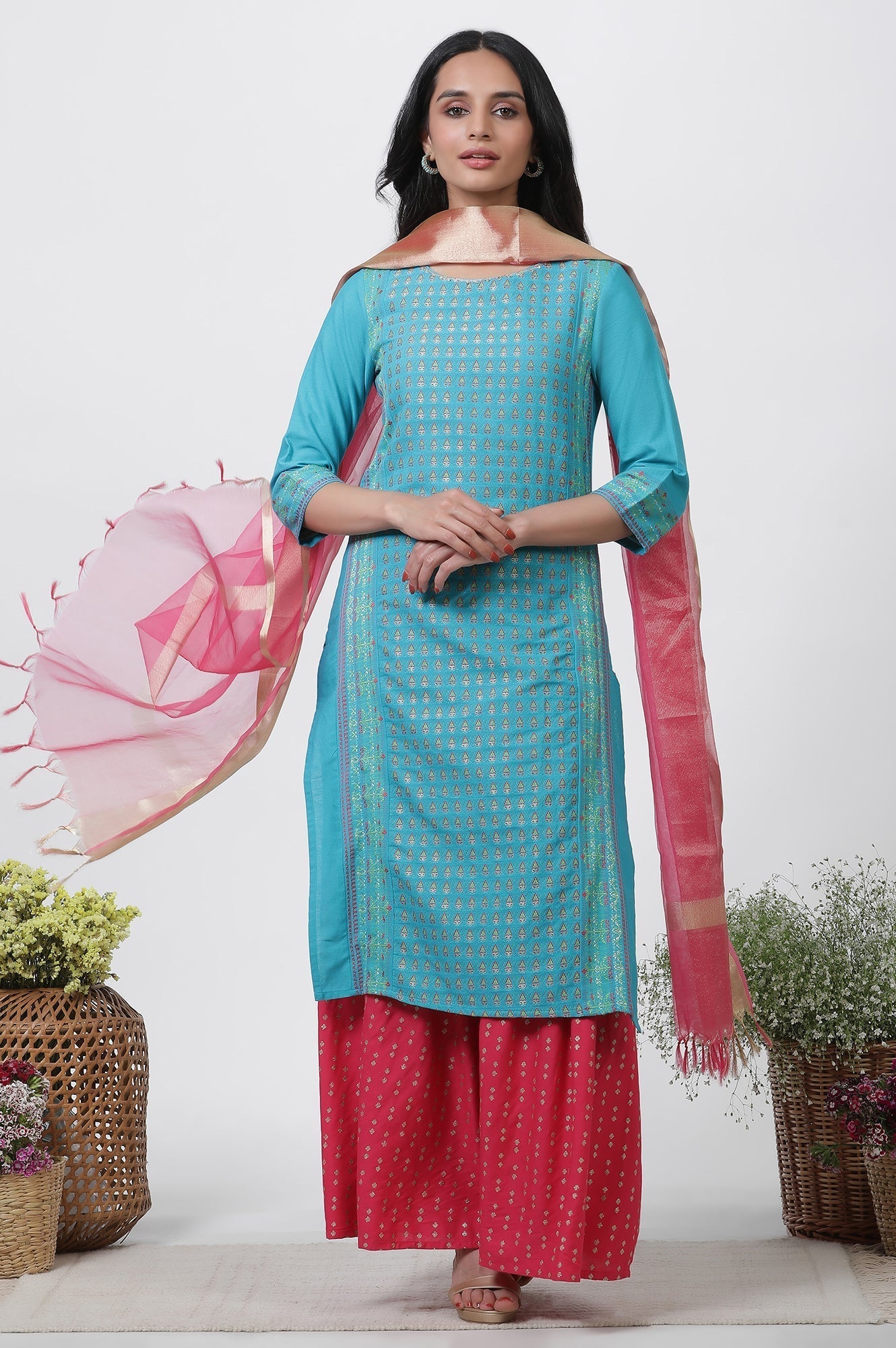 W for Woman Blue Dobby Kurta, Sharara And Dupatta Set