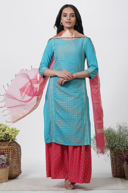 W for Woman Blue Dobby Kurta, Sharara And Dupatta Set