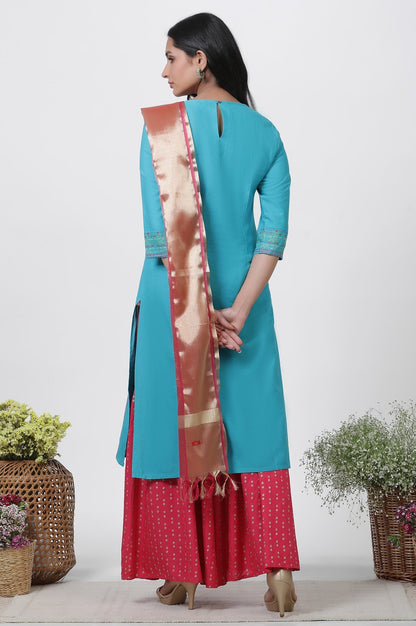 W for Woman Blue Dobby Kurta, Sharara And Dupatta Set