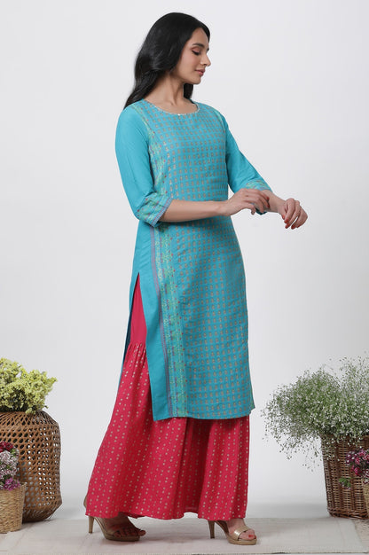 W for Woman Blue Dobby Kurta, Sharara And Dupatta Set