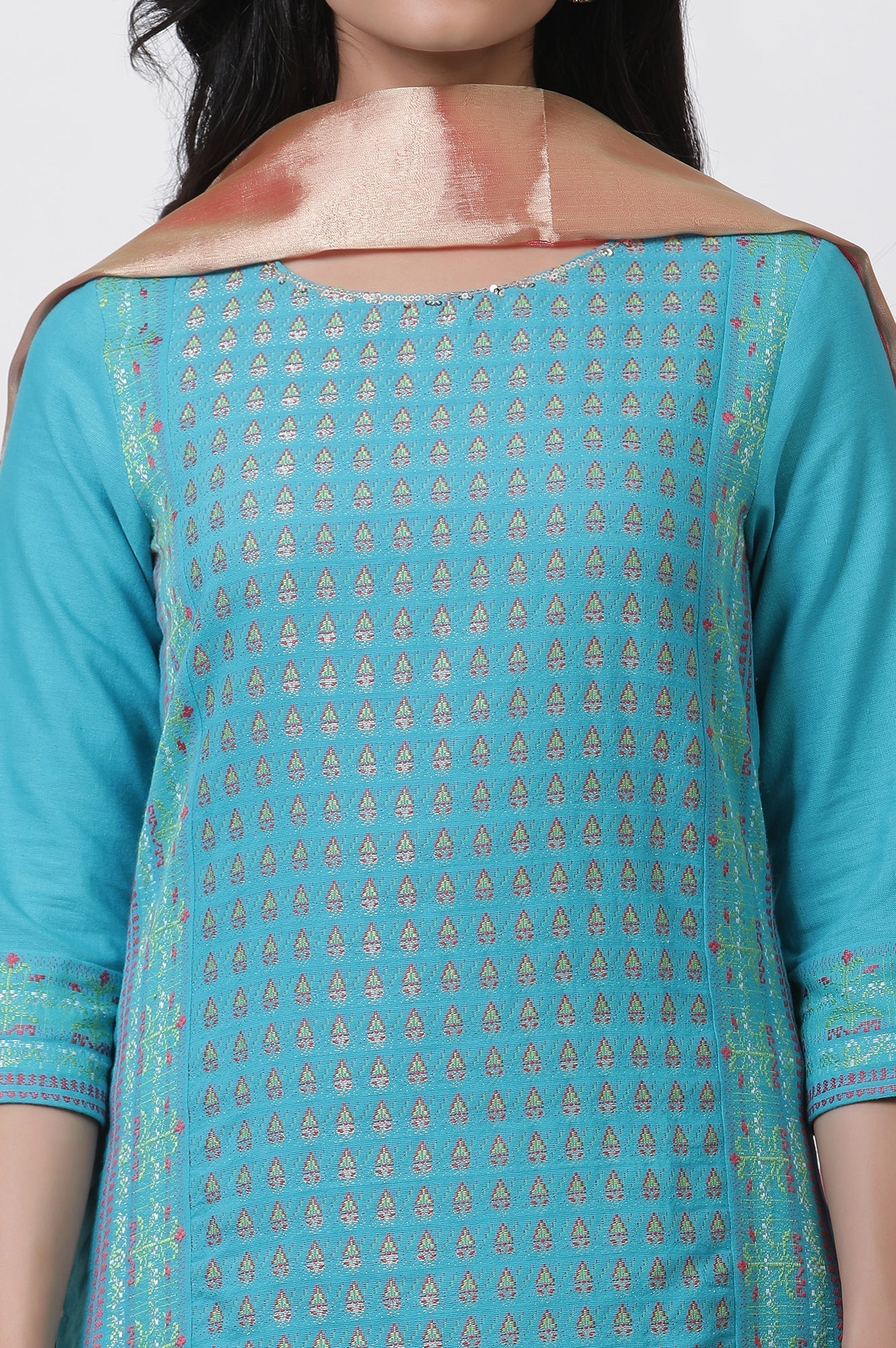 W for Woman Blue Dobby Kurta, Sharara And Dupatta Set