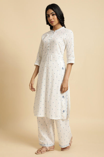 W for Woman White Printed Summer kurta Co-Ord Set