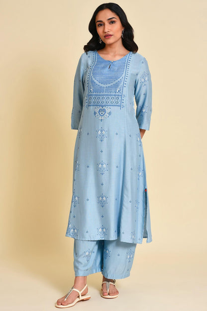 W for Woman Blue Printed kurta Co-Ord Set