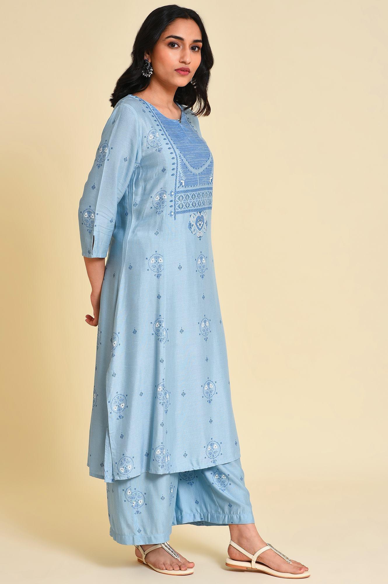 W for Woman Blue Printed kurta Co-Ord Set