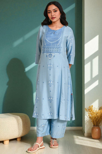 W for Woman Blue Printed kurta Co-Ord Set