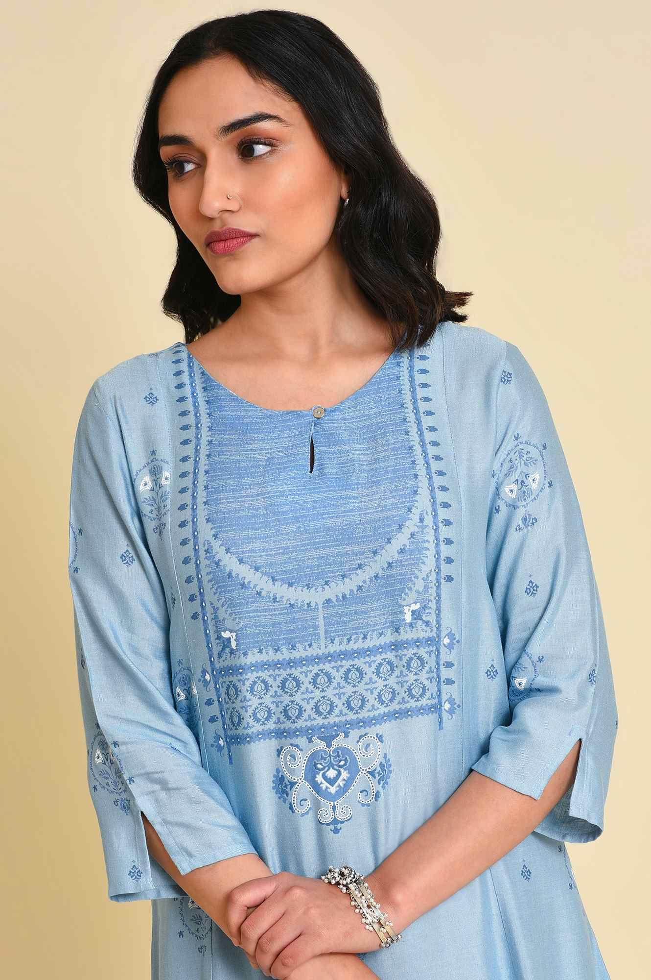 W for Woman Blue Printed kurta Co-Ord Set