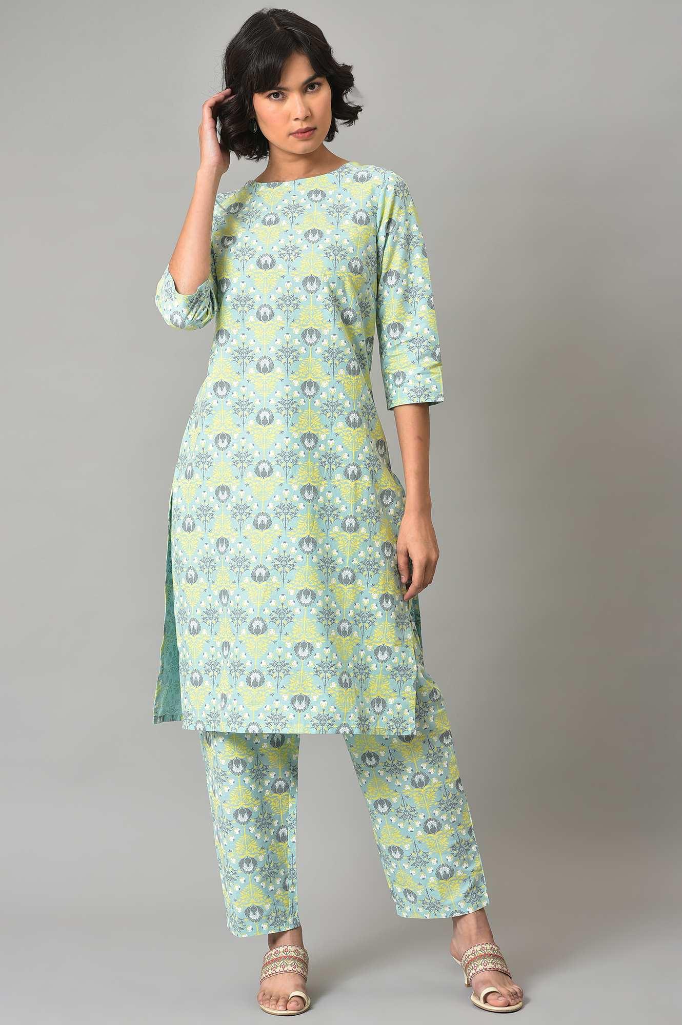 W for Woman Light Green Printed kurta And Pants Co-Ord Set