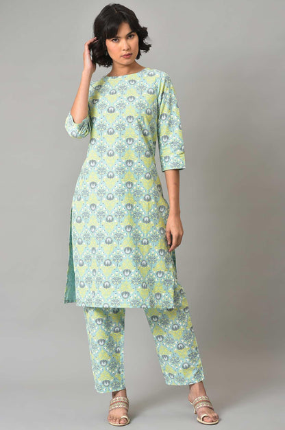 W for Woman Light Green Printed kurta And Pants Co-Ord Set