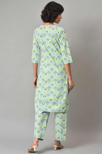 W for Woman Light Green Printed kurta And Pants Co-Ord Set