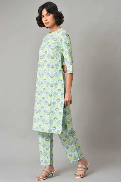 W for Woman Light Green Printed kurta And Pants Co-Ord Set