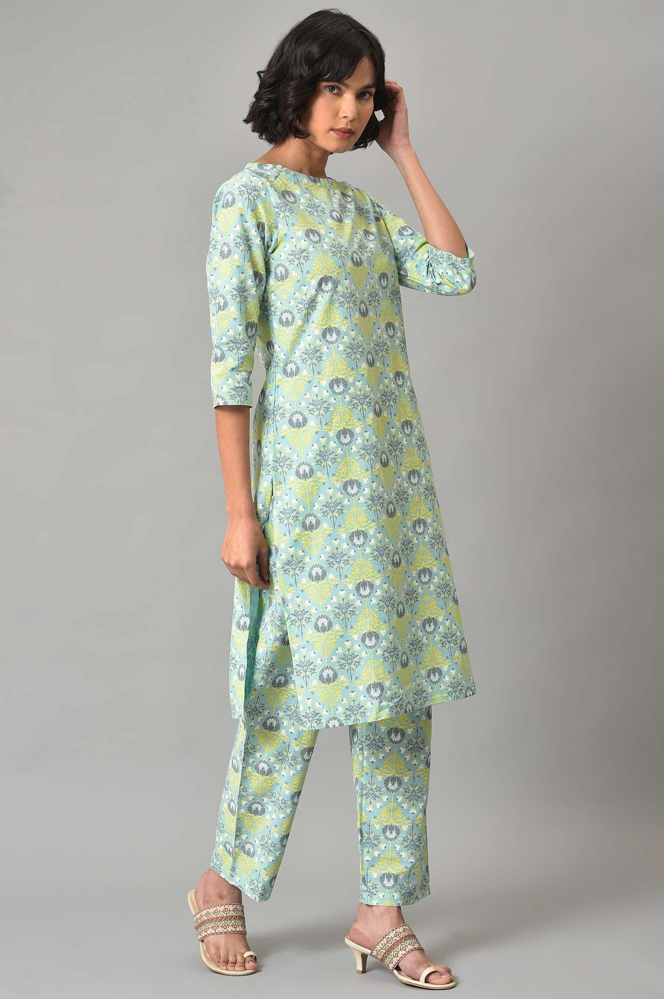 W for Woman Light Green Printed kurta And Pants Co-Ord Set