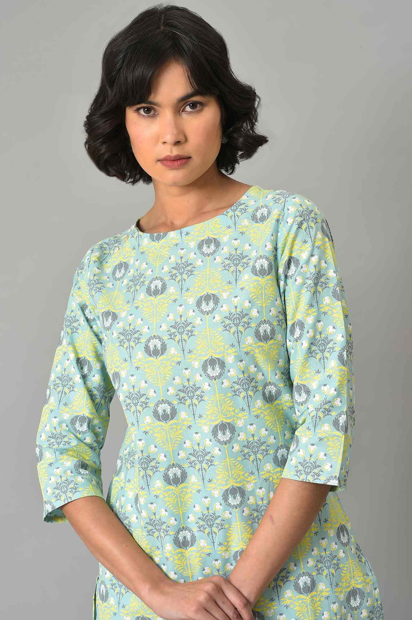 W for Woman Light Green Printed kurta And Pants Co-Ord Set