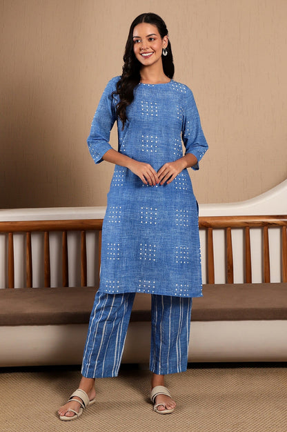 W for Woman Blue Polka Dot Printed Pure Cotton Straight Kurta and Pants Co-ord Set