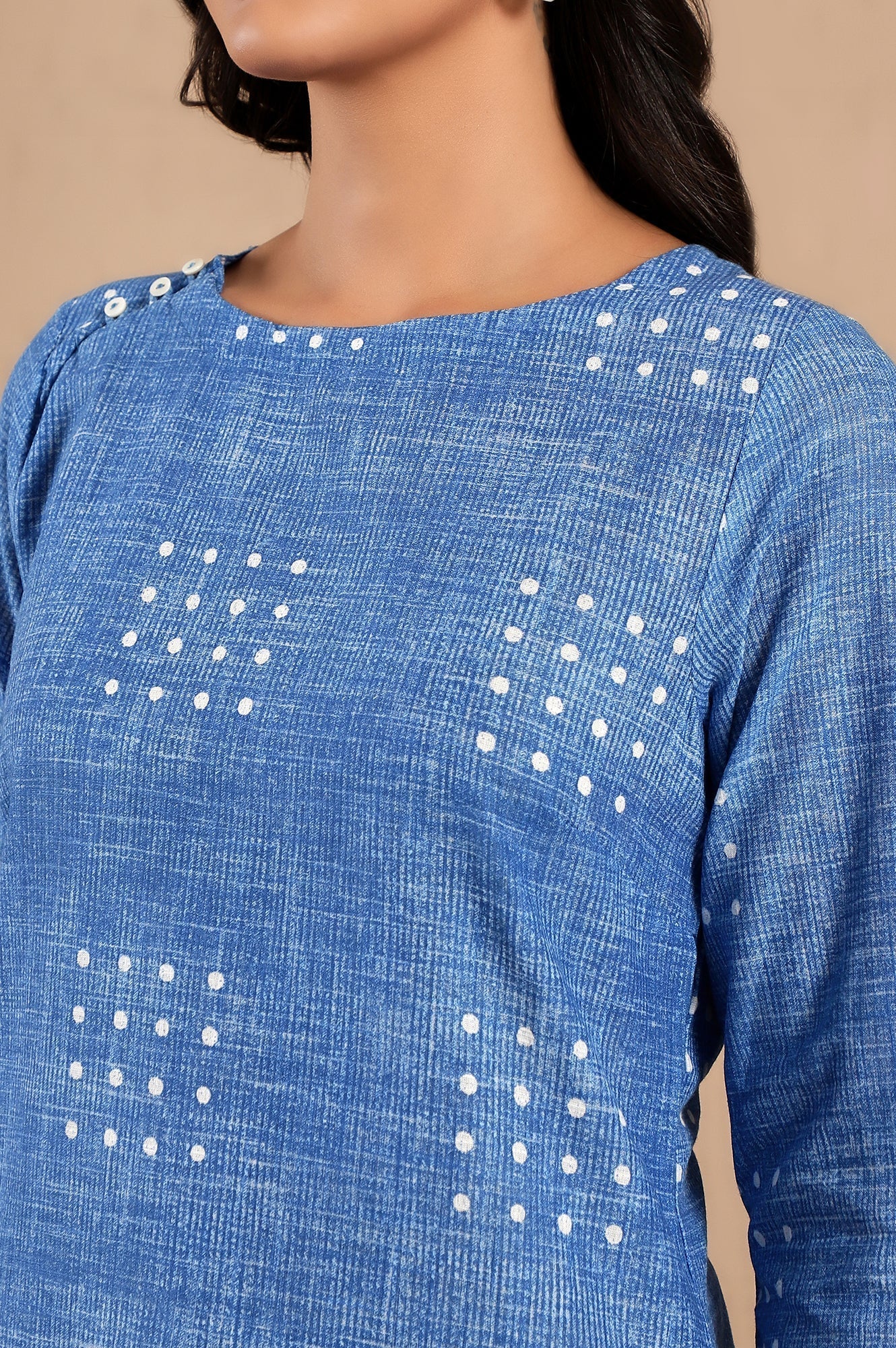 W for Woman Blue Polka Dot Printed Pure Cotton Straight Kurta and Pants Co-ord Set